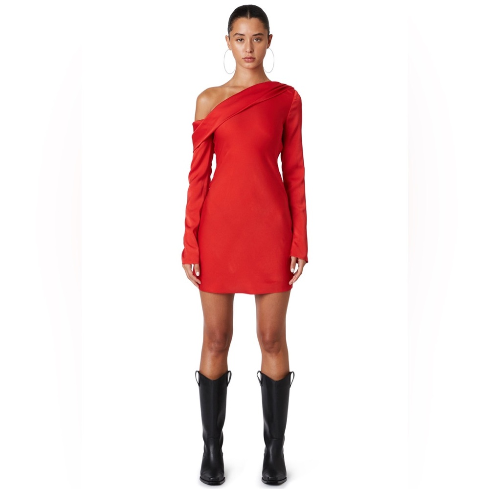 Off Shoulder Long Sleeve Satin Mini Dress Scarlett Red